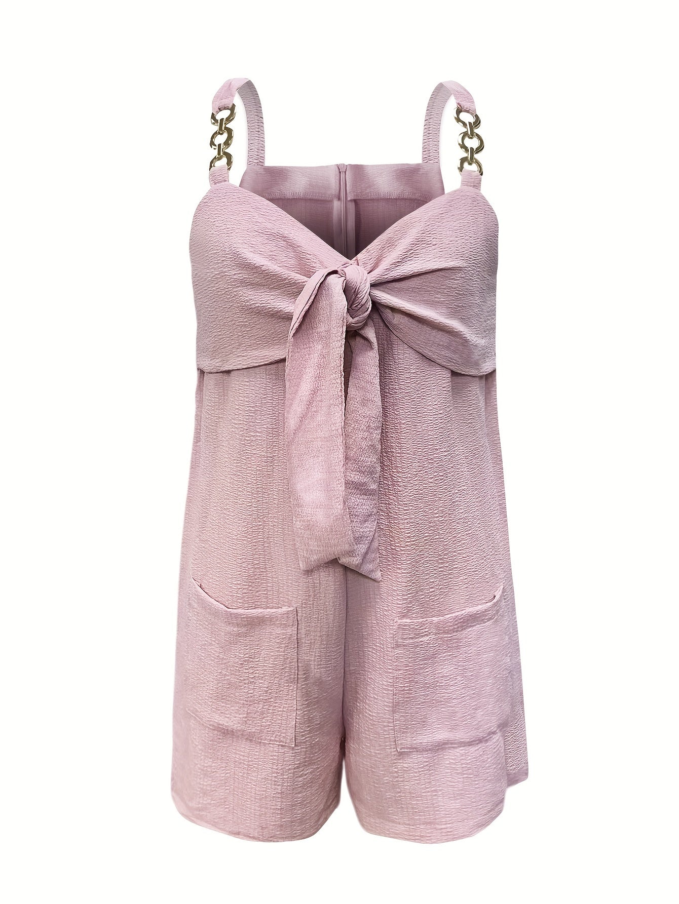 Knot Front Chain Strap Romper Jumpsuit with Dual Pockets