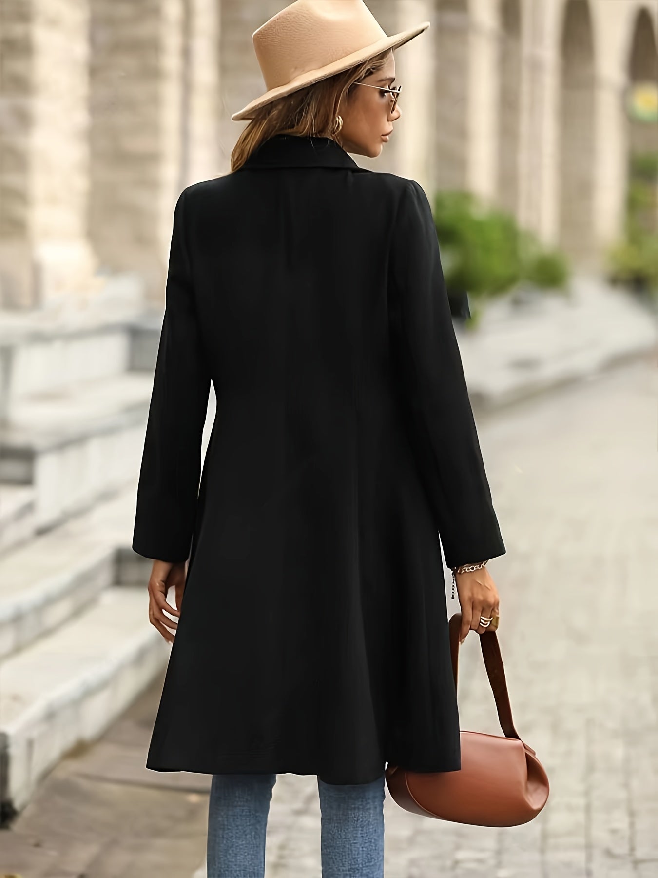 Elegant Double-Breasted A-Line Lapel Coat – Long Sleeve Longline Coat for Fall & Winter