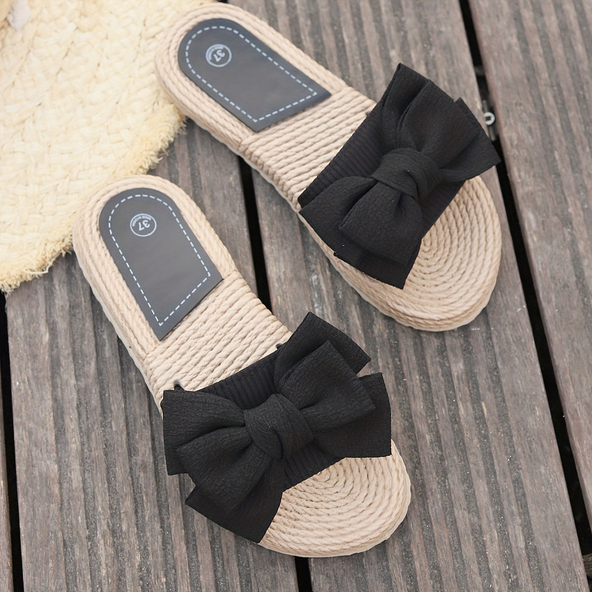 Women's Black Bowknot Open Toe Flat Sliders - Casual Beach Sandals