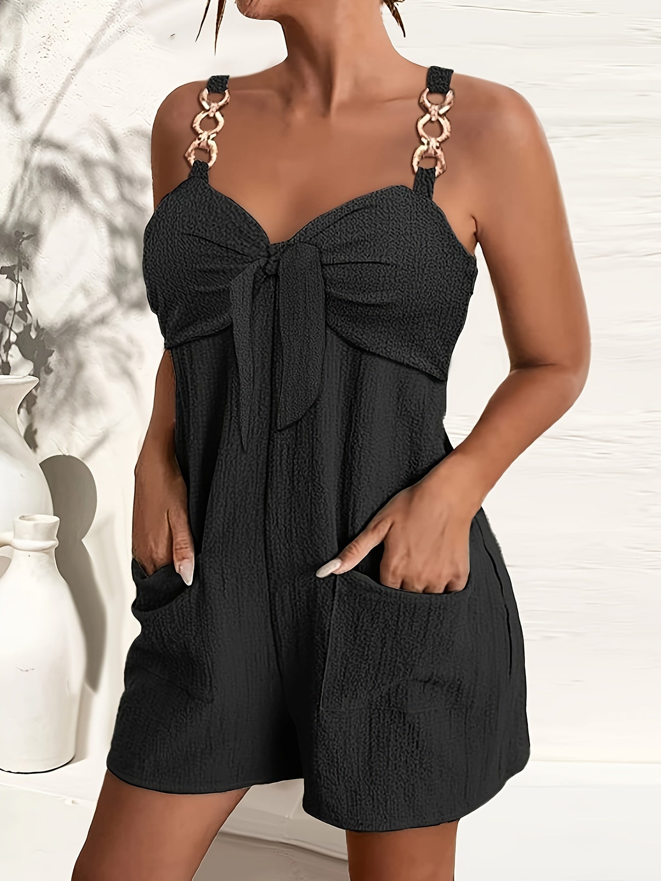 Knot Front Chain Strap Romper Jumpsuit with Dual Pockets