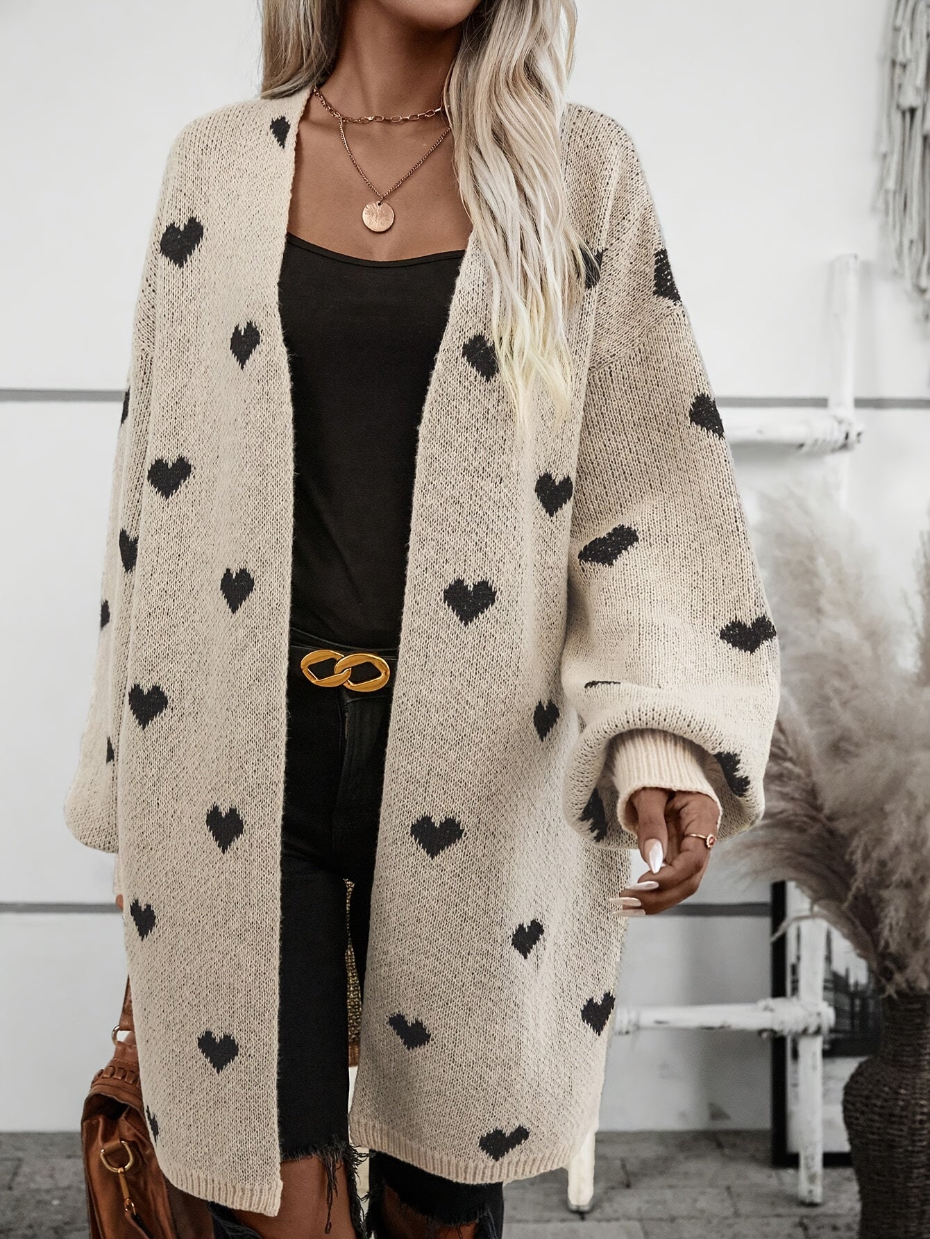 Heart Pattern Open Front Knitted Cardigan - Casual Long Sleeve Drop Shoulder Cardigan for Winter & Fall