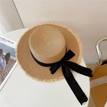 Summer Straw Hat, Flat Top with Bowknot Fringe, Wide Brim for Sun Protection